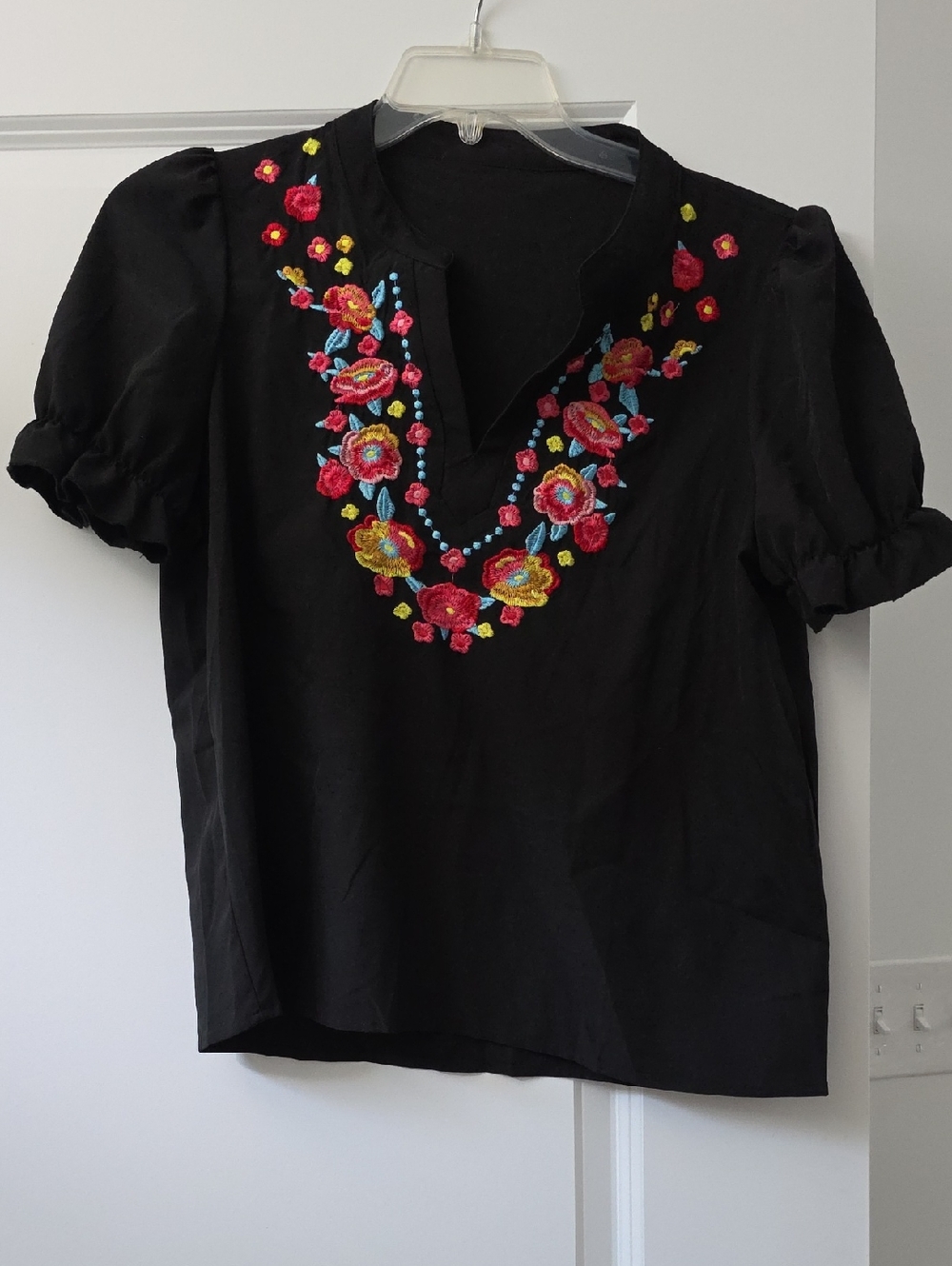 SHEIN Black Peasant Top with Pink, Yellow & Blue Floral Embroidery
